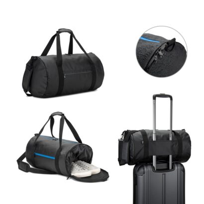 OSASCO SPORT. Cylindrical sports bag in high-density 600D recycled polyester with side compartment for shoes