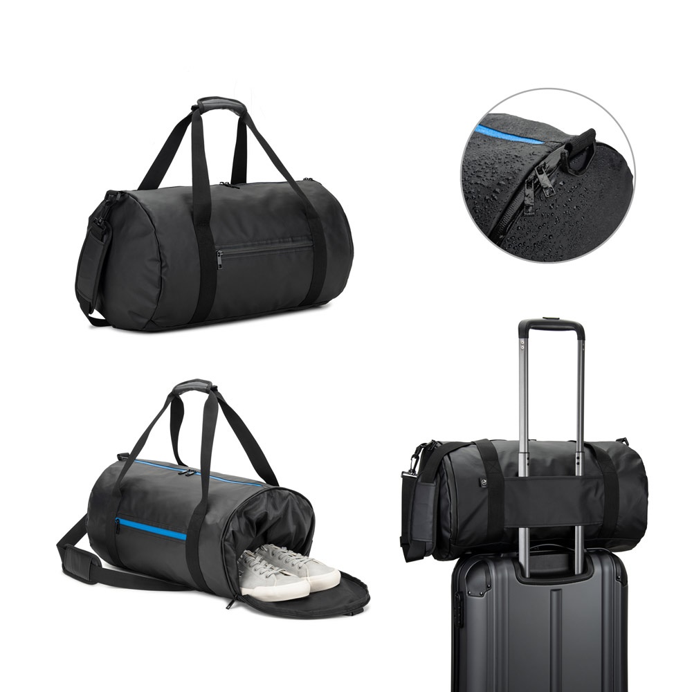 OSASCO SPORT. Cylindrical sports bag in high-density 600D recycled polyester with side compartment for shoes